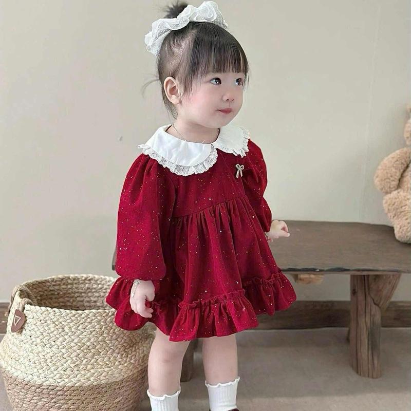 Shopmesockids Váy nhung đỏ cổ sen viền ren gắn nơ kèm sunchies cho bé gái