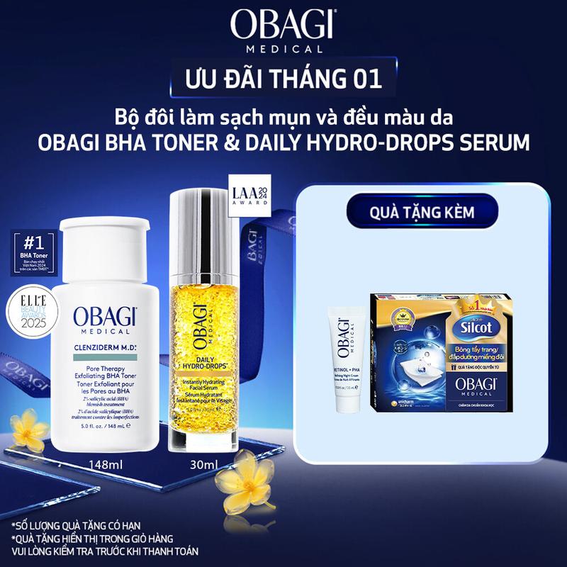 Bộ đôi dưỡng da Obagi: Toner BHA hỗ trợ làm sạch mụn và tẩy tế bào chết MEDICAL CLENZIDERM M.D. PORE THERAPY EXFOLIATING BHA TONER 148ml & Serum Cấp Nước Dưỡng Ẩm & Phục Hồi Da Daily Hydro-Drops 30ml