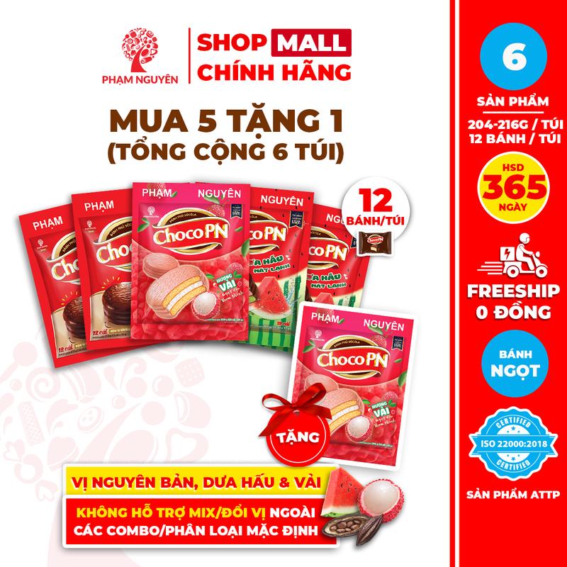 Tổng cộng 6 Túi Bánh phủ socola Choco PN Phạm Nguyên - Thương Hiệu Việt 216g | Bánh ăn vặt Socola | Snack Sô Cô La