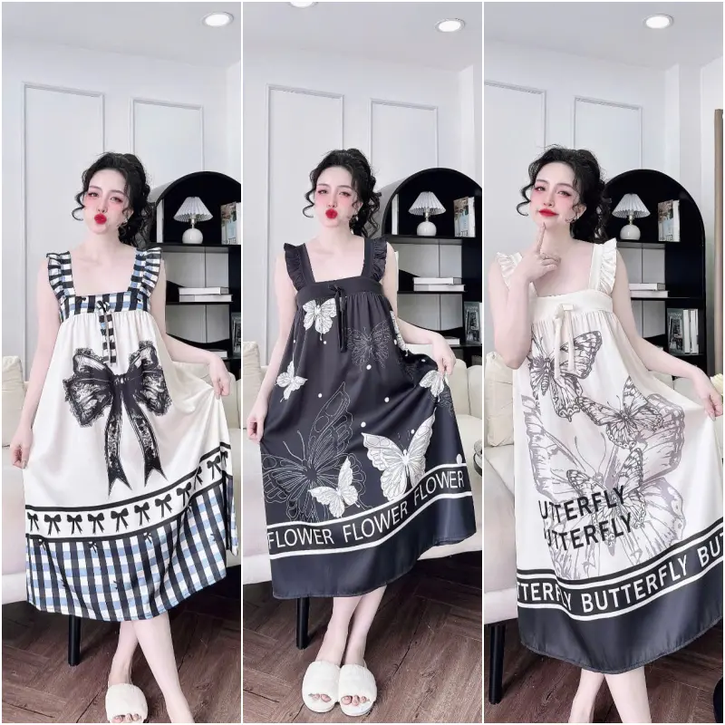 Đầm ngủ 2dây lụa latin tay cánh tiên in hình dễ thương chất liệu mềm mịn thoáng mát
