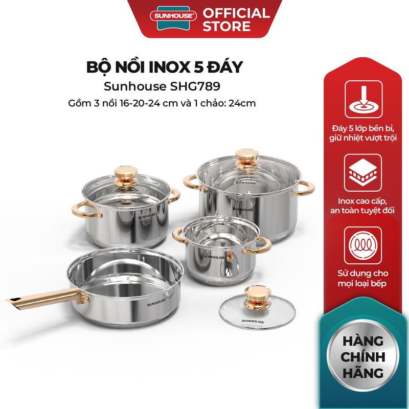  Bộ nồi inox 5 đáy Sunhouse SHG789 - Gồm 3 nồi 1 chảo - Inox cao cấp - Đáy 5 lớp - Dùng mọi loại bếp 