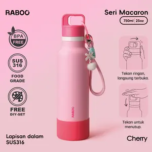 RABOO Tumbler Olahraga Macaron 750ML , Satu-Klik untuk Buka, SUS 316 Stainless, Botol Termos Trendi dan Praktis dibawa - CHERRY