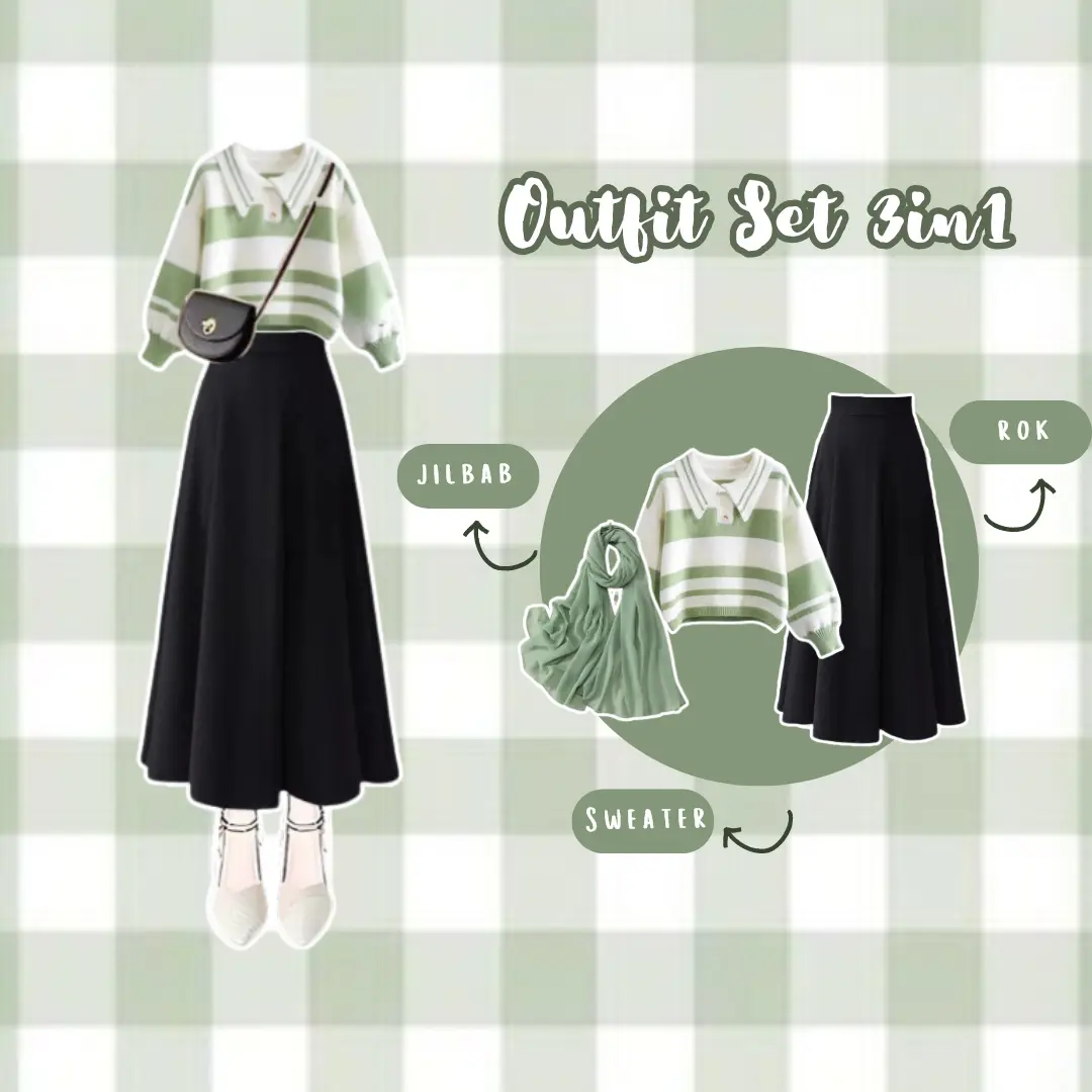 Outfit Set 3 in 1 Korean Style Hijab Setelan Remaja Dewasa ( Rok Sweater Jilbab One Set ) - AH50 Wanita Celana Baju Panjang Scuba Casual Tebal Atasan Ceruty Hitam Muslim Nyaman Pesta Rib Kerja
