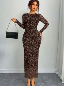 Women's Leopard Print Ruched Bodycon Dress, Elegant Long Sleeve Round Neck Dress for Party Holiday Wedding Guest, Ladies Spring & Fall Clothes