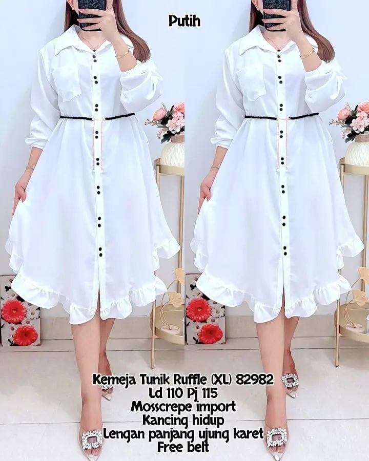 MIBY - kemeja tunik ruffle free belt - atasan muslim wanita - dres full kancing