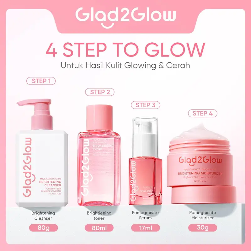 [New] Glad2Glow Glowing bundle all in 1 - 2/3/4/5 PCS Skincare Paket-Brightening toner+Brightening Moisturizer+Cleanser+Brightening Serum Pomegranate Niacinamide Extract Hitam Mencerahkan Wajah Mencerahkan Melembabkan Kulit skin skincare G2G 5
