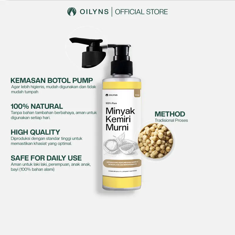 Oilyns - Minyak Kemiri Murni 100ml - Vitamin Rambut & Penumbuh Alis, Bulu Mata, Brewok, Menghitamkan, Melebatkan, Menebalkan, Memanjangkan, Haircare Herbal 2