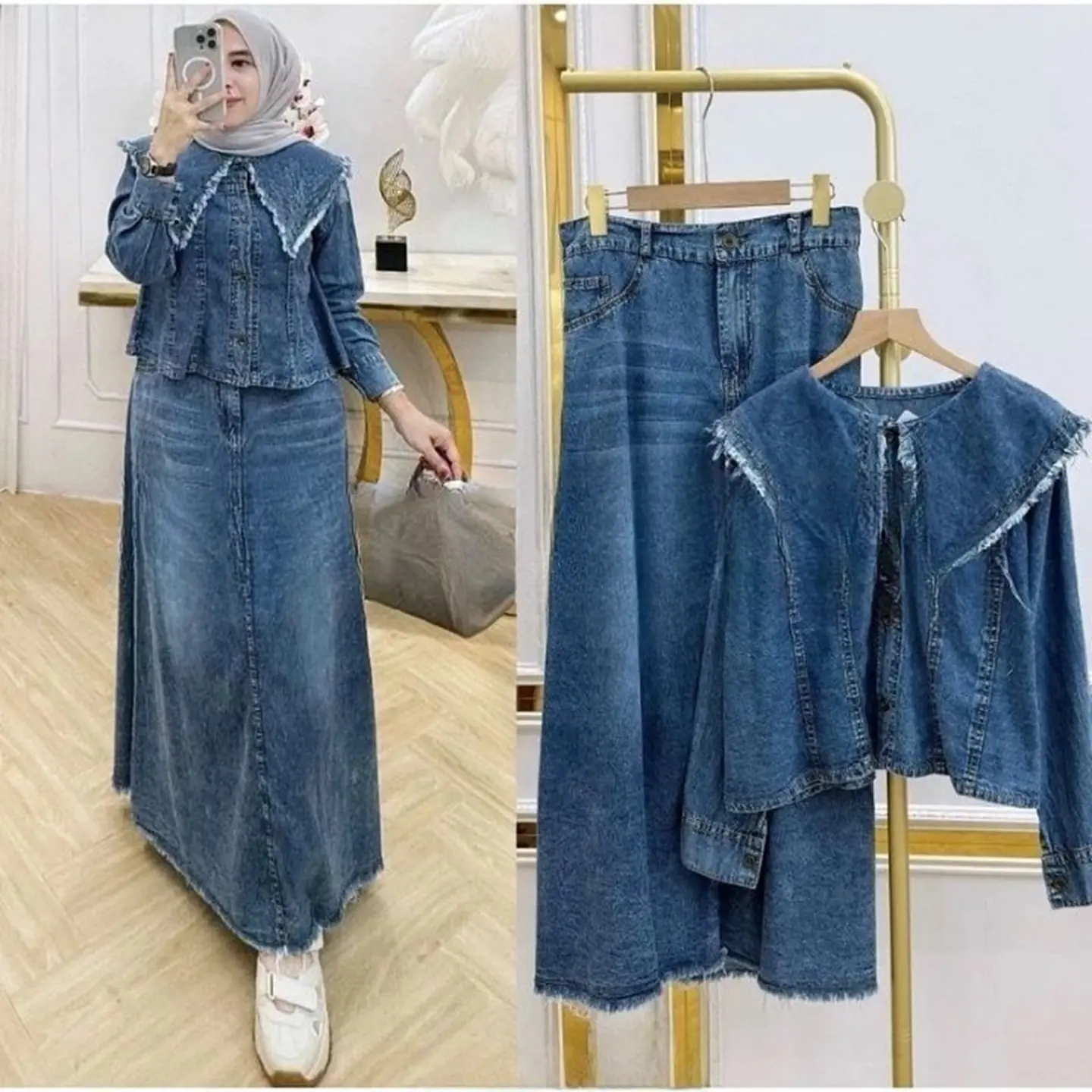 Baju One Set Rok Jeans Model Simple Terbaru Setelan Wanita Kekinian