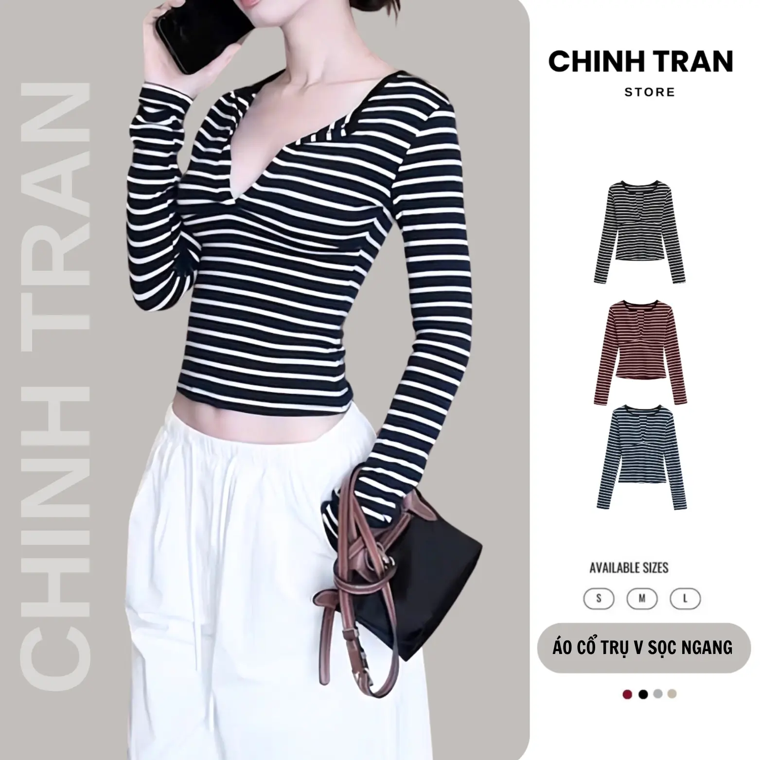 [MỞ BÁN] Áo Thun Nữ Cổ Trụ Sẻ V Tay Dài Kẻ Sọc Ngang Basic Sexy - 1