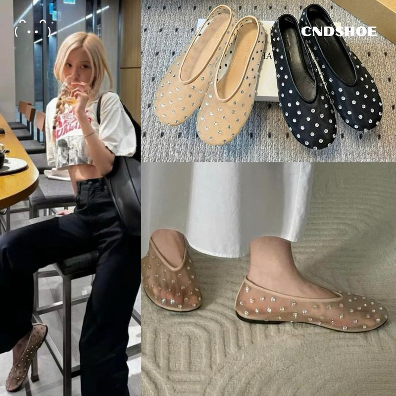 [DEAL MỞ BÁN] CNDSHOE Giày Ballet Xuyên Thấu Rosé Đính Đá Mũi Tròn Sandal Mùa Hè Xinh êm Thoáng Chân Nữ TWINKLE SHOE - Đen/Nude Size 35-40 giầy lười búp bê lưới chất liệu lưới đính đá và nơ cao cấp phong cách Hàn Quốc hot trend 2025 giay luoi nu dep