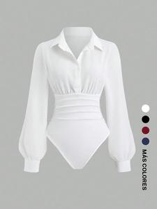 Mono de mujer con cuello abotonado y manga larga, color sólido, corte entallado, elegante para ocasiones casuales y formales