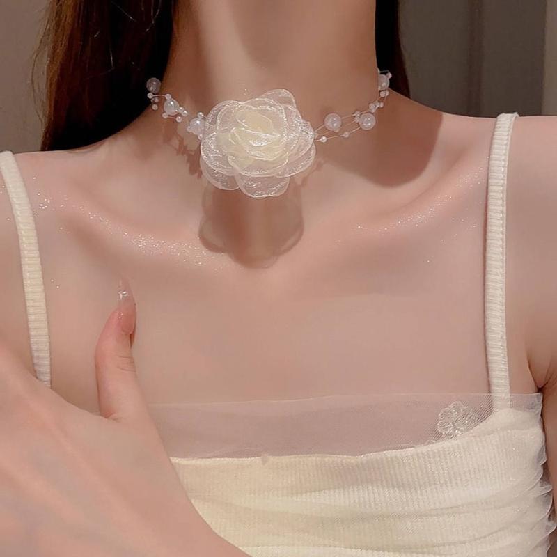 Vòng Cổ Choker Hoa Hồng, Ngọc Trai Ngọt Ngào Phụ Kiện Cổ, Vòng Cổ Choker Hoa Hồng, Dây Chuyền Xương Đòn Có Thể Điều Chỉnh Thích Hợp Cho Tiệc Cưới 3