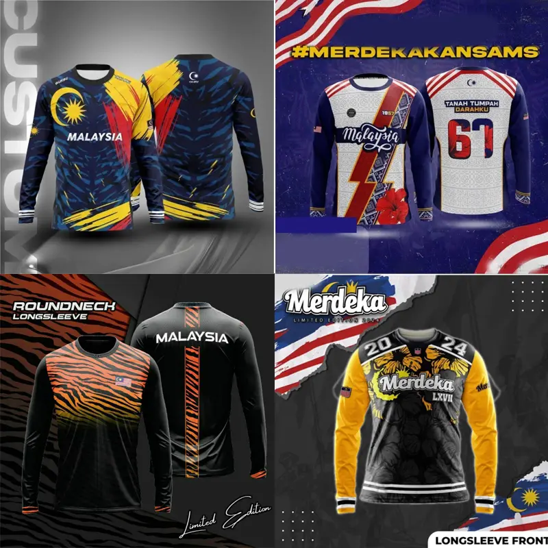 Custom Long Sleeve Patriot Jersey – Malaysian Tiger & Flag Designs for Men, Unisex, Free Number & Name Customization