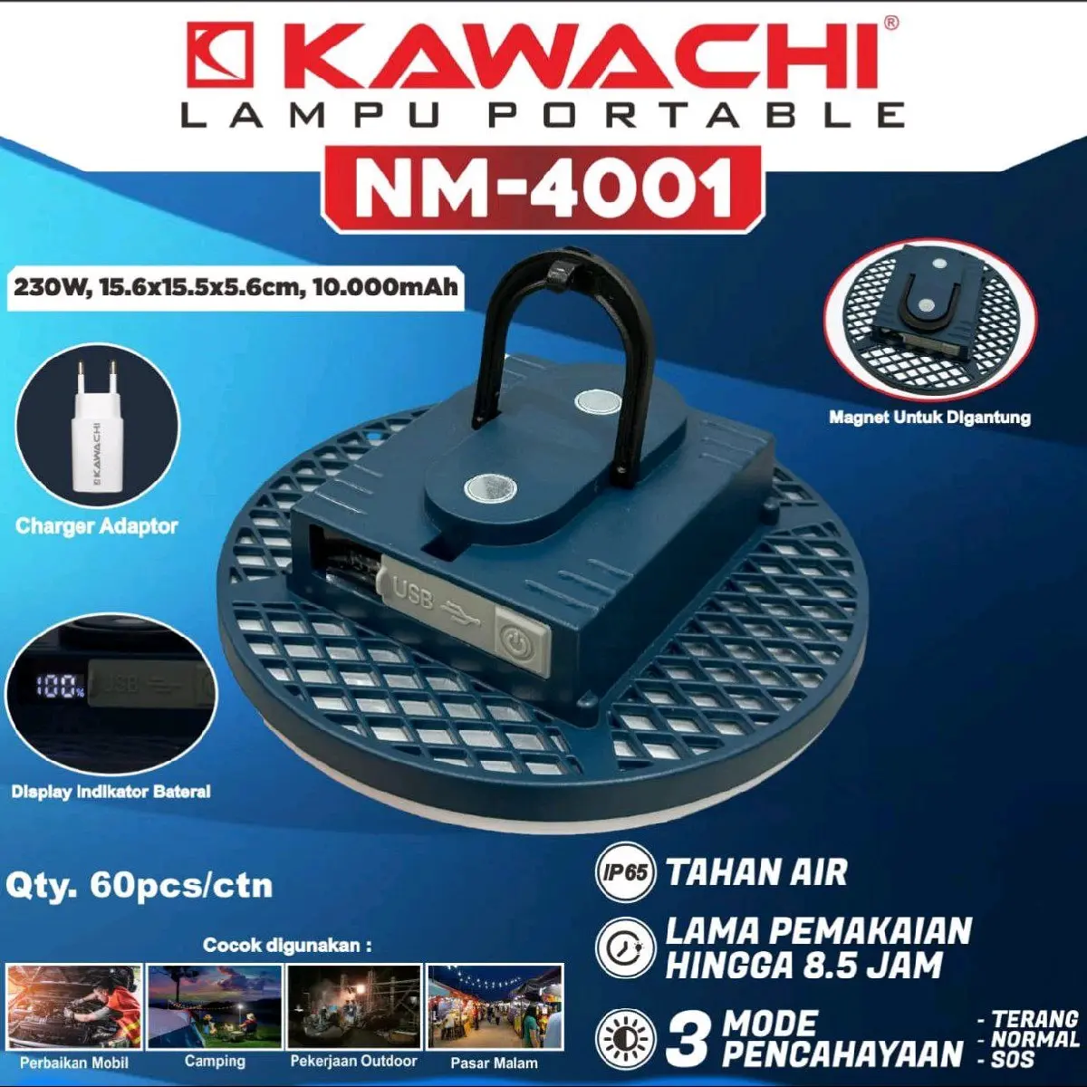 Kawachi LED Gantung Lampu Portable PKL NM-4001 220W Waterproof 10000mAH