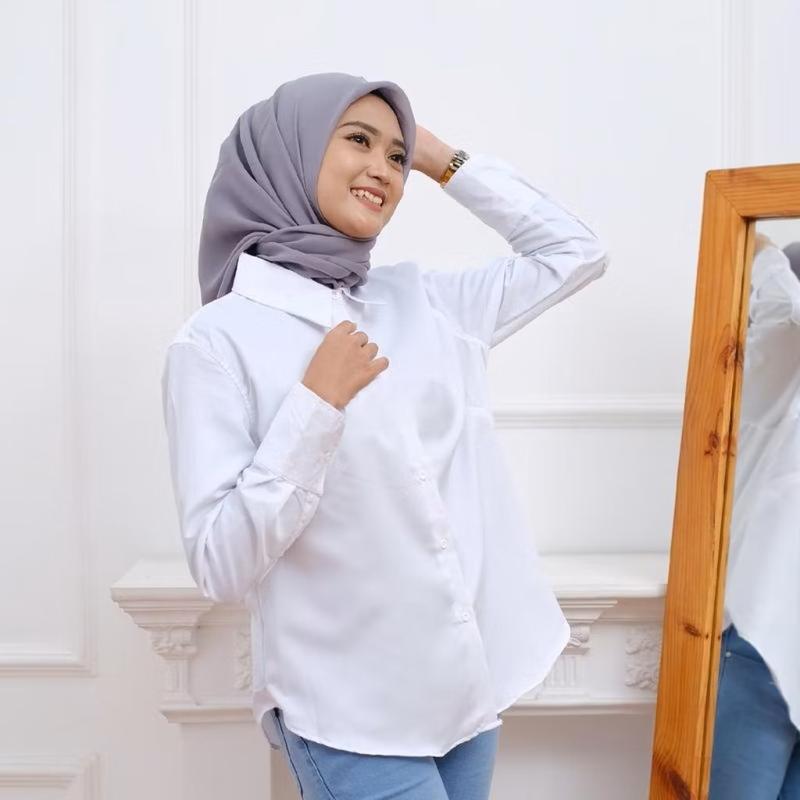 Baju Atasan Kemeja Shakilla Wanita Casual Motif Polos Lengan Panjang Kancing Aktif 8