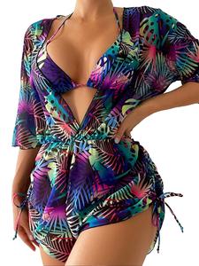 Conjunto de tres piezas para mujer con estampado de plantas, incluye cubierta de traje de baño, top halter y braguita, traje de baño elegante y chic para damas para vacaciones en la playa
