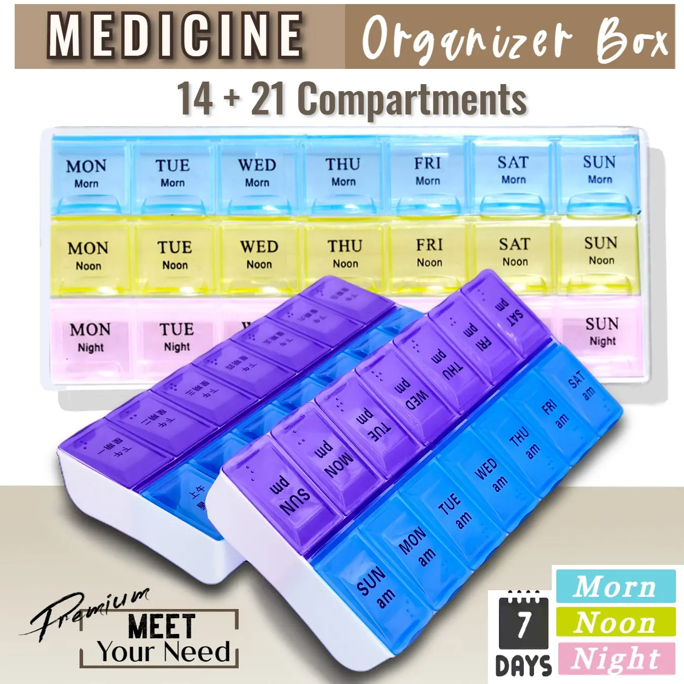 2 Pcs of Medicine Box (English/Chinese) Pill Organizer (14+21 Compartments) Supplements Storage Case Combo Set