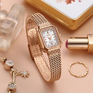 นาฬิกาผู้หญิง CAINUOS หน้าปัดนาฬิกา ทรงสี่เหลี่ยมผืนผ้า สายตาข่าย เต็มไปด้วย Rhinestones กันน้ำ