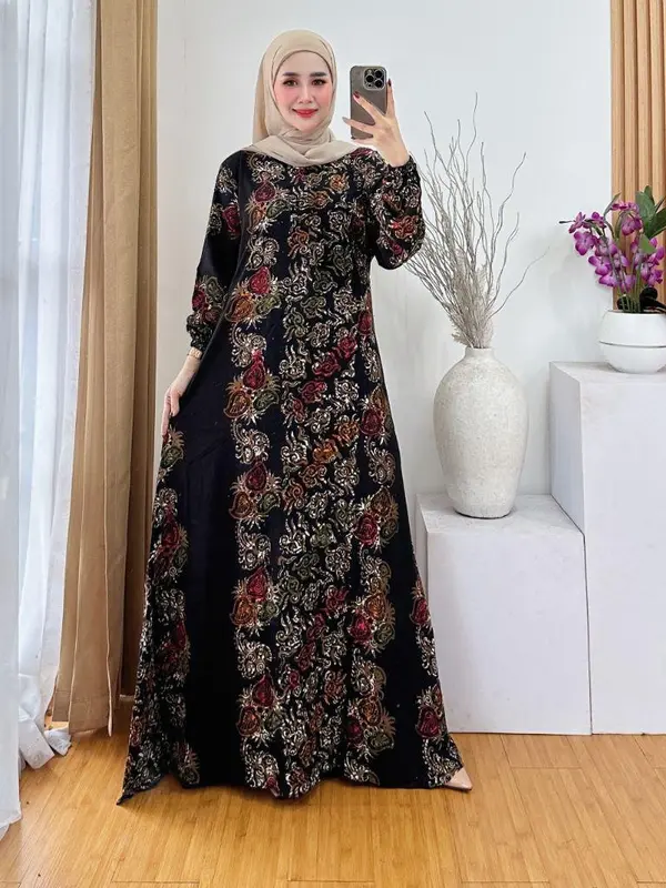 Gamis Luxe Cap motif Multicolor Terbaru 2025 Bahan kain Premium Resleting Depan, tali pinggang dan Saku 2