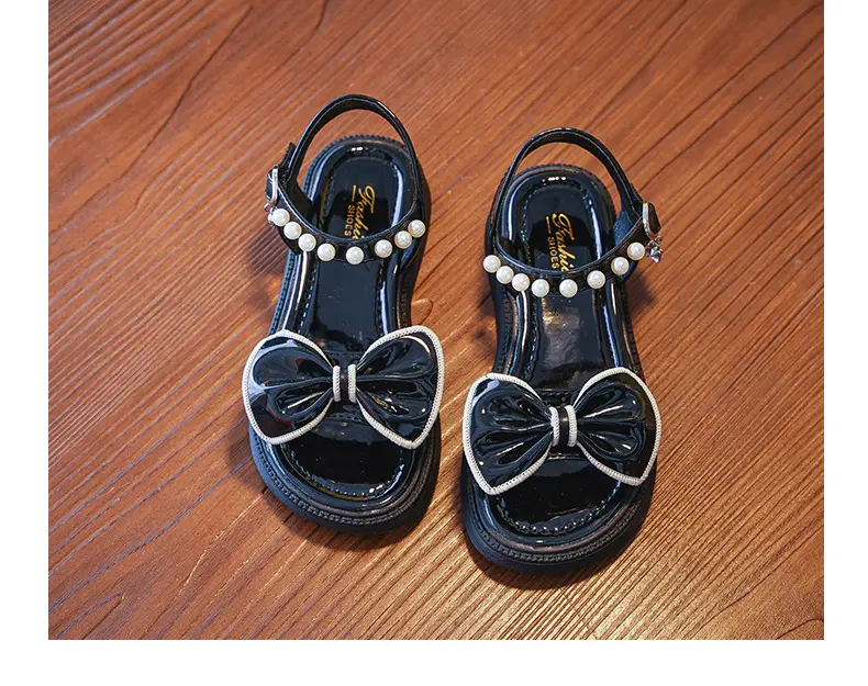 Sandal Anak Wanita Variasi Pita Tali Mutiara Ukuran 26-35 DCR 66 - Glossy Material, Durable Sole, Black Color - Hitam Shoes Selop Fashion 3