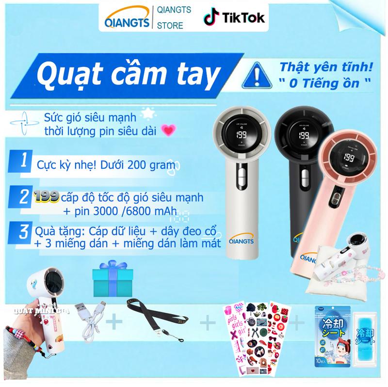 (phuongmin)Qiangts Quạt tốc độ cao Cầm Tay USB Mini, Hàng mới về năm 2025, với 199 bánh răng tốc độ, Màn hình kỹ thuật số, Có Thể Sạc Lại 3000mAh, Động cơ không chổi than, Hỗ trợ cả ngoài trời và trong nhà[BẢO HÀNH 6 THÁNG - 1 ĐỔI 1]