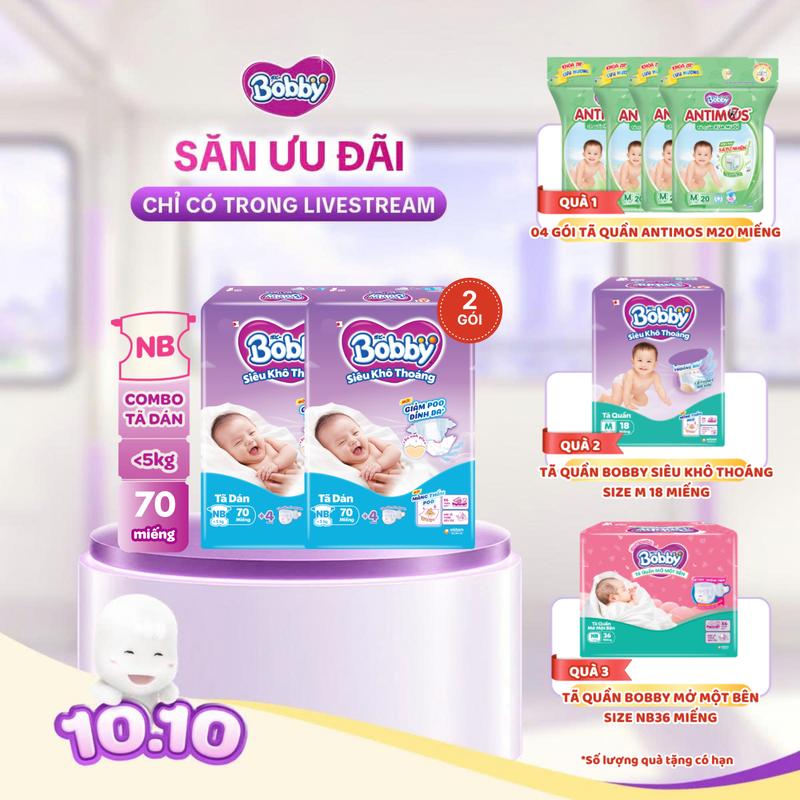 [CP] [COMBO 2-TẶNG QUÀ] Bobby Tã/bỉm dán XS70/S80 Siêu khô thoáng (bao bì ngẫu nhiên)