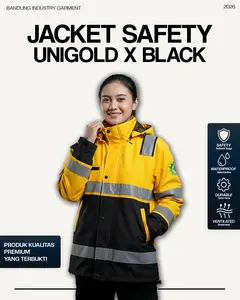 NEW CATALOG ! Jaket Safety Tambang Waterproof Unigold Yellow x Black Scotlight Reflektif – Jaket Kerja Lapangan Anti Air Bisa Custom Bordir Logo Nama & Tulisan Belakang | Bandung Industry Garment
