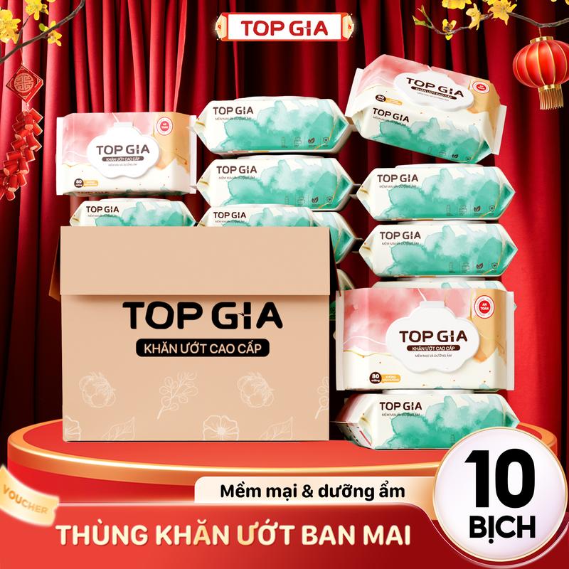 Thùng 10 Bịch - Khăn ướt TopGia ban mai 80 tờ không mùi không parabens mềm mại giấy topgia