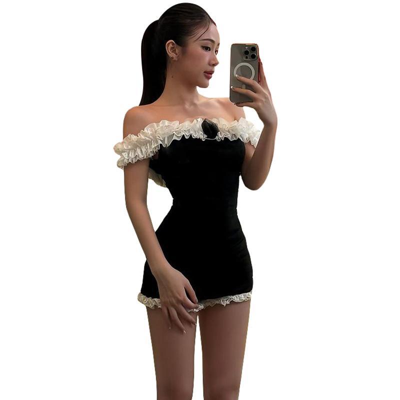 Bộ 2 Món Cho Nữ, Váy Bodycon Xếp Nếp Trễ Vai Tay Ngắn, Viền Diềm Xếp Nếp, Quần Đùi Viền Ren Eo Co Giãn, Trang Phục Mùa Hè Áo Tre Women Top 0