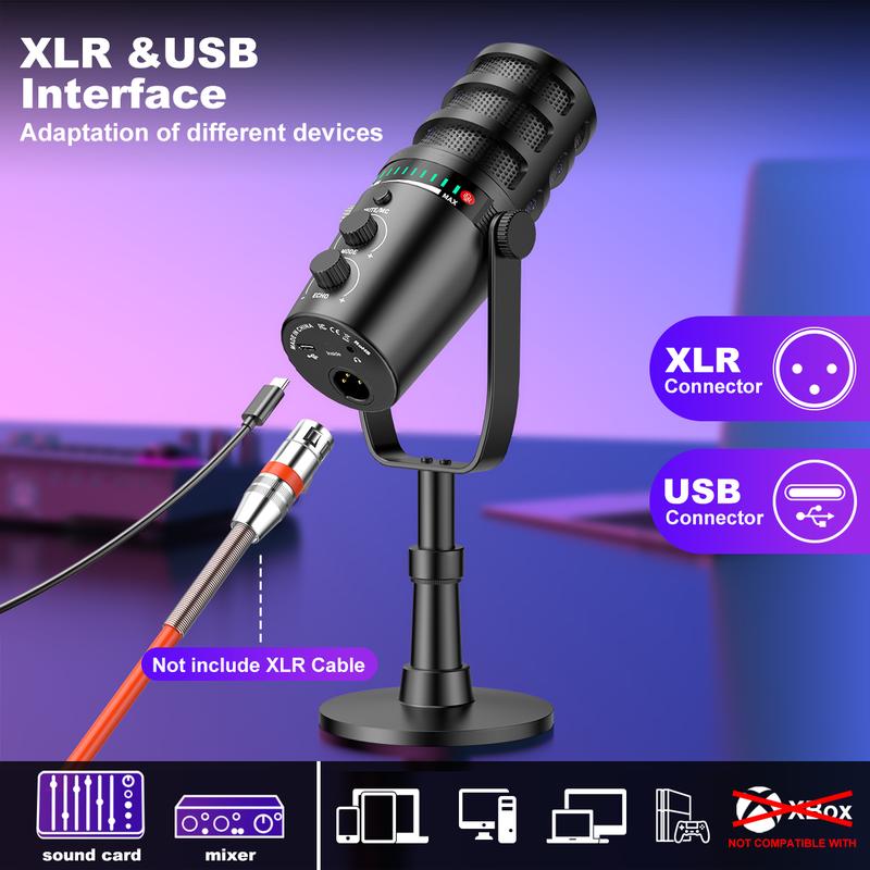 Micro động, Micro podcast XLR / USB, với chân đế để bàn, Nút tắt tiếng, giắc cắm tai nghe, núm tăng và điều khiển âm lượng, Micro chơi game lý tưởng cho podcasting, ghi âm, phát sóng Trực Tiếp Trực Tiếp, giọng nói qua 2