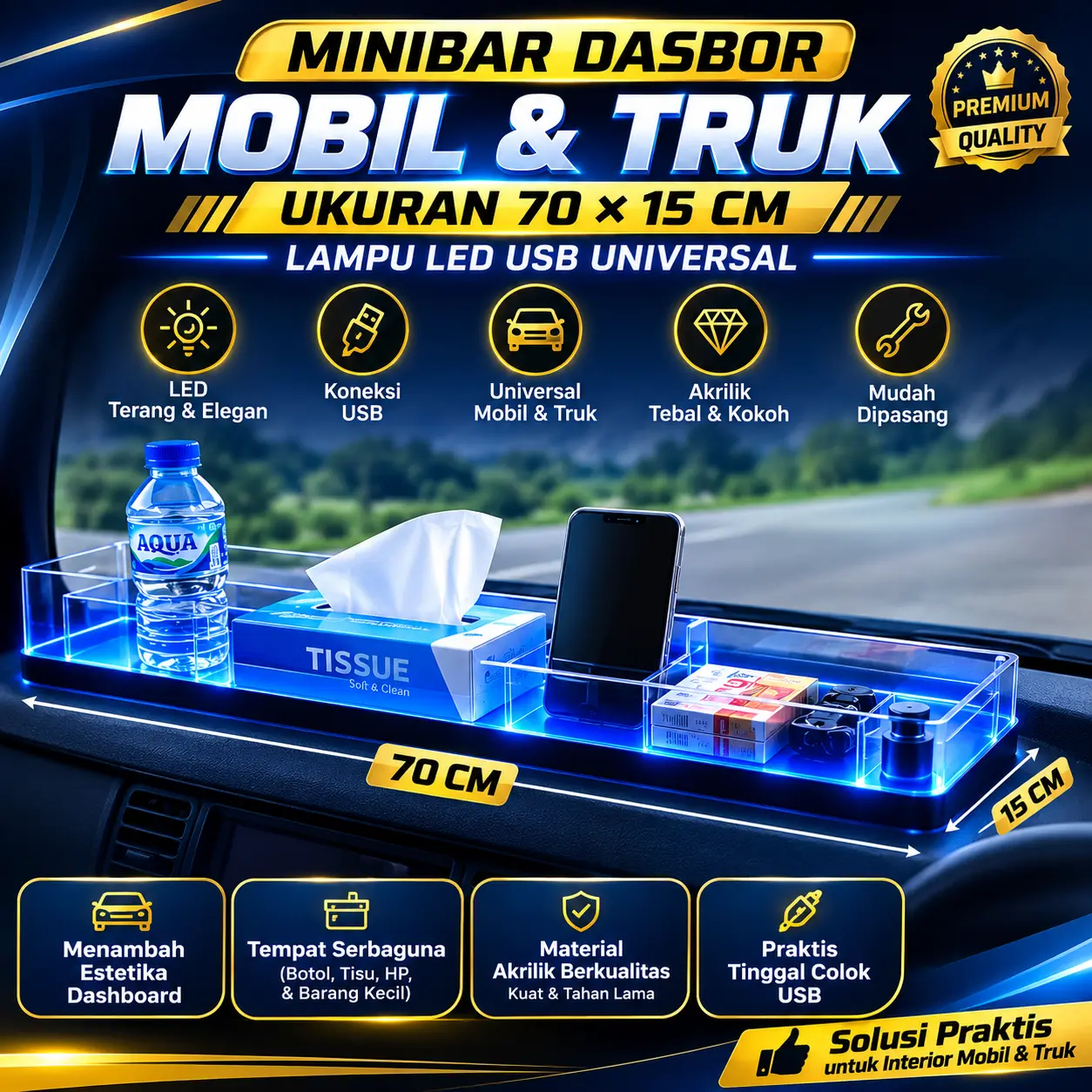 Minibar Dasbor Mobil 70×15cm, cocok buat naruh tisu, botol mineral Dll, dilengkapi kabel USB & Lampu LED