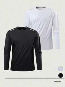 Conjunto de camiseta de manga larga para hombre, fitness, ligero para correr al aire libre en otoño e invierno, diseño de color sólido con franjas reflectantes