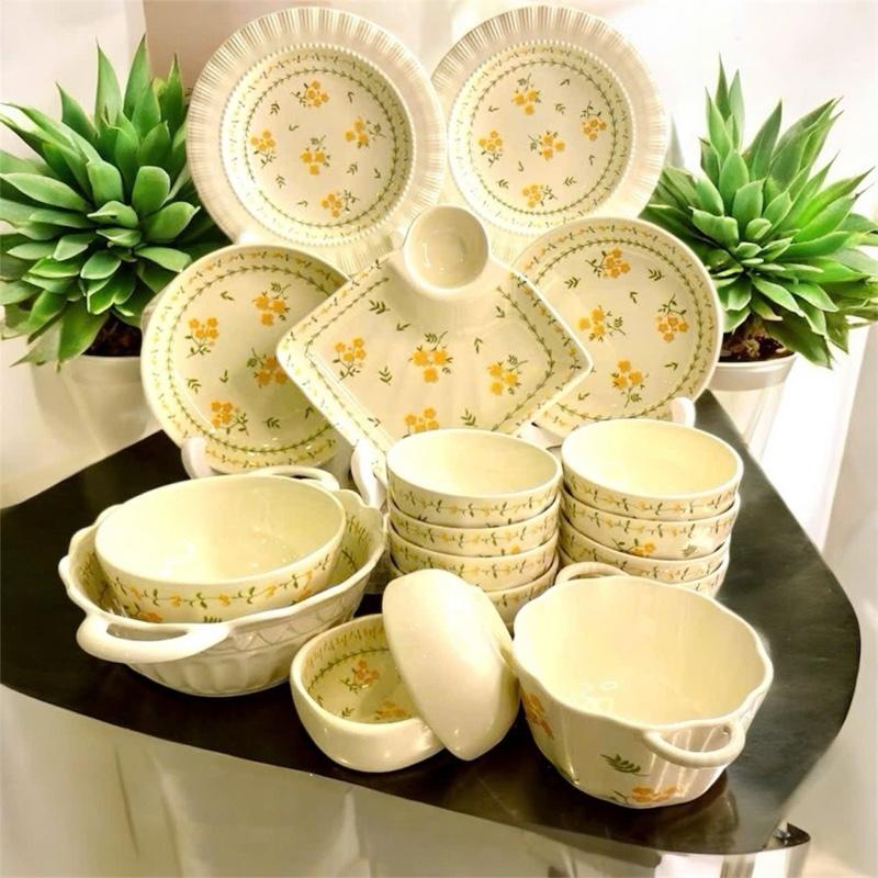  Sét bát đĩa gốm sứ cao cấp hoa văn hoạ tiết Cúc Vàng tượng trưng cho sự phú quý viên mãn  sét đĩa tròn kiểu mới  