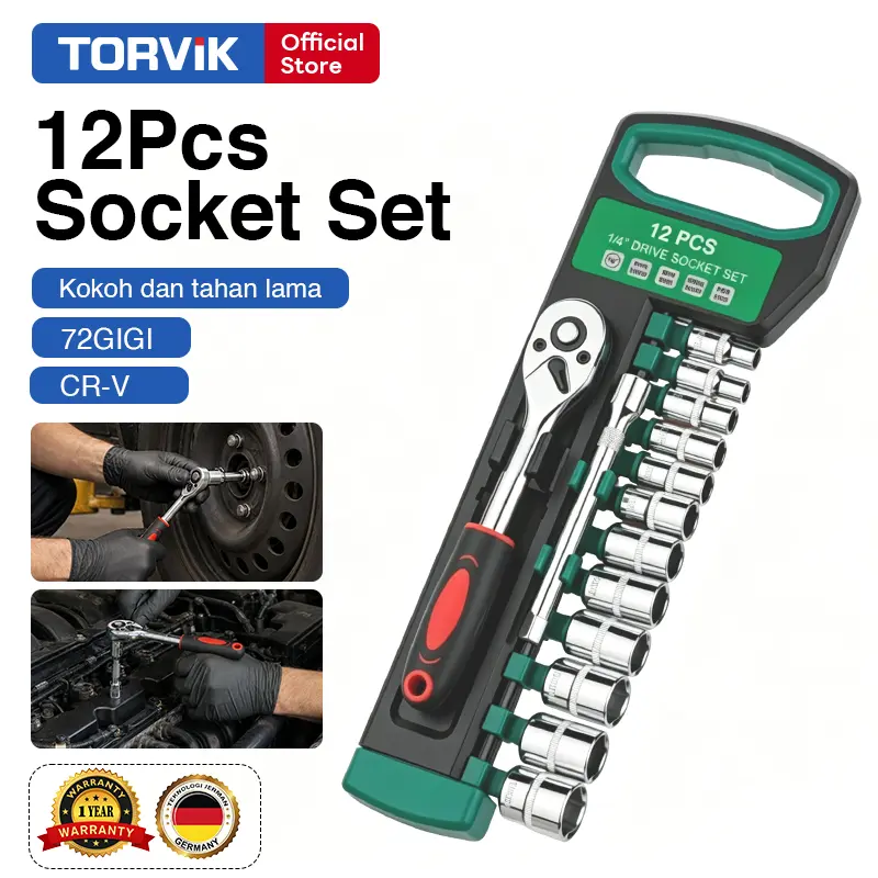 【COD】TORVIK Kunci Sok Set 12 Pcs Drive Socket 1/2 Inch 4-24mm Wrench Rachet Extension Bar Bahan CR-V