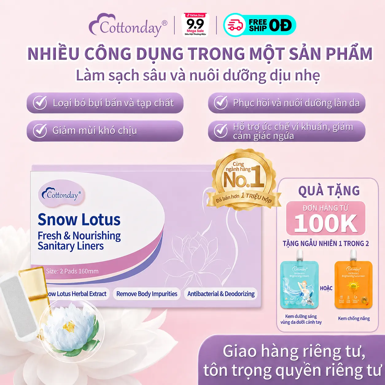 【Đơn từ 100K, nhận quà ngay!】Băng vệ sinh thảo dược Snow Lotus Cottonday, giúp khử mùi, kháng khuẩn, làm ấm tử cung, giảm đau bụng kinh, chăm sóc vùng kín. 160mm, gói 2 miếng.