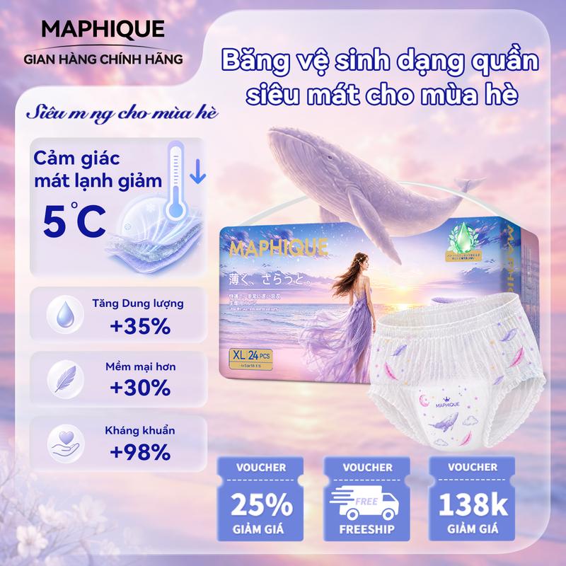 Băng vệ sinh dạng quần (24 miếng) phủ Tơ tằm tự nhiên & Bạc hà, lõi kép hút thấm kiểu cá voi, mềm mại, ngủ ngon. Thiết kế U chống tràn, thoáng mát ngày đêm, dành cho mẹ bầu và mẹ sau sinh.A