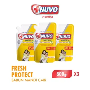 (3 pcs) Nuvo Family Fresh Protect Kuning Sabun Mandi Cair Anti Bakteri Bodywash Kemasan Baru 800gr