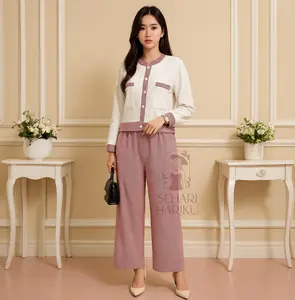 SH | [ READY SIAP KIRIM] One Set Ansara Setelan  Combi Wafel Atasan Lengan Panjang Dan Celana Panjang Wanita Casual Motif