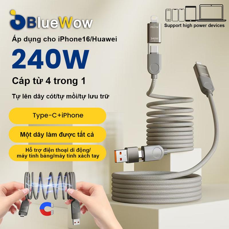 [1,2m 240W]  BlueWow Cáp dữ liệu từ tính, Sạc nhanh công suất cao 4 trong 1, Cáp dữ liệu bện, hai đến hai Type-C, Thích hợp cho Apple 15 / 16, Huawei POCO, OPPO, Điện thoại di động, Sạc nhanh PD, Thích hợp cho ô tô