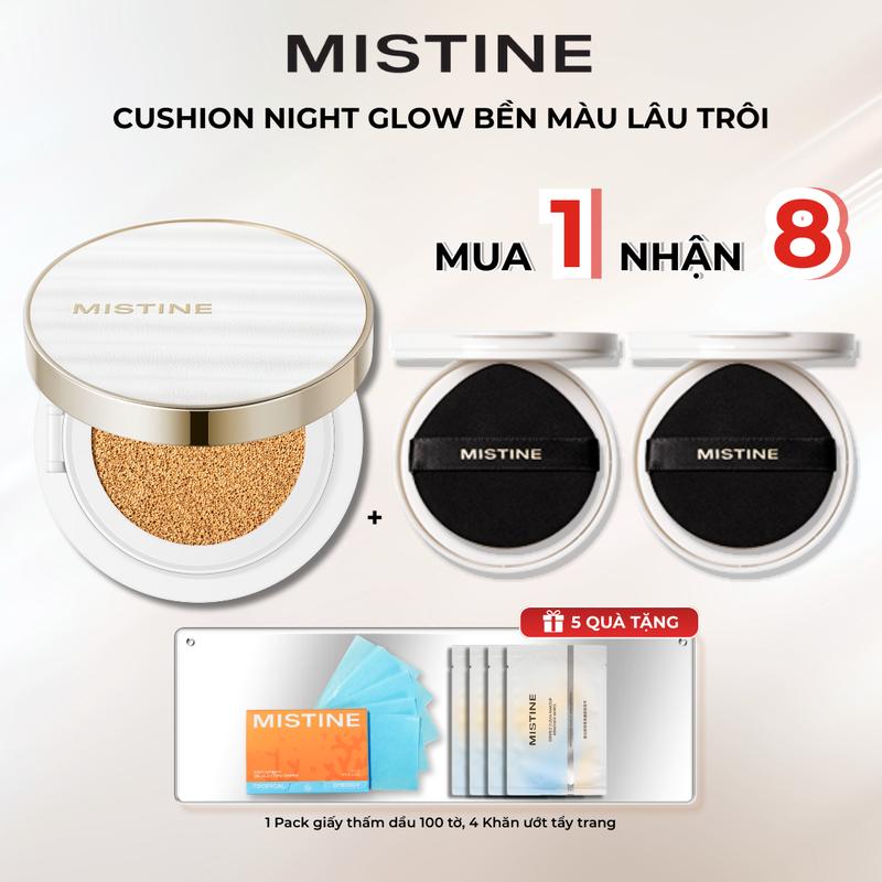  MUA 1 NHẬN 8 | CUSHION NIGHT GLOW PHẤN NƯỚC MISTINE 12G*3  KÈM 2 LÕI REFILL  +  5 QUÀ TẶNG  1 Pack giấy thấm dầu 100 tờ 4 Khăn ướt tẩy trang 