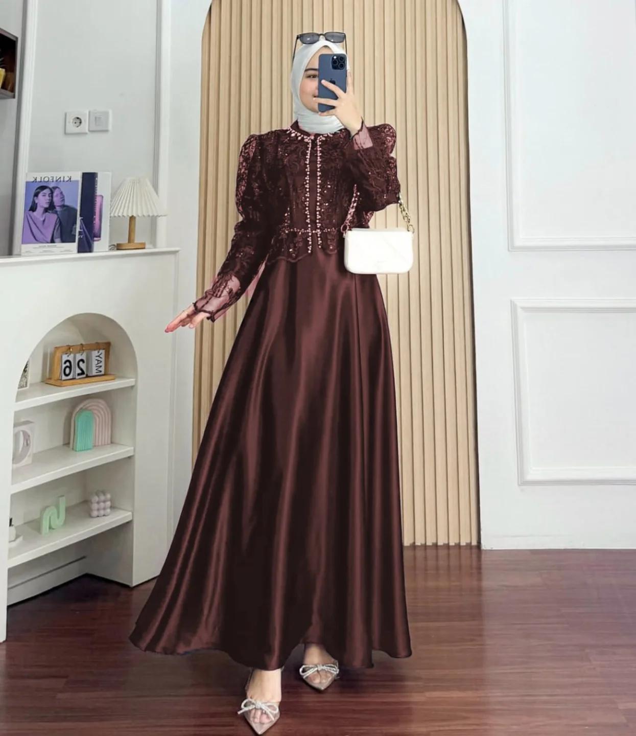 Gamis Wanita Lebaran Terbaru 2026 Sakura Dress Gamis Trend Warna Mahogany Slik Brukat Payet Premium Gamis Wanita Lebaran Terbaru 2026 Sakura Dress Gamis Trend Warna Mahogany Slik Brukat Payet Premium