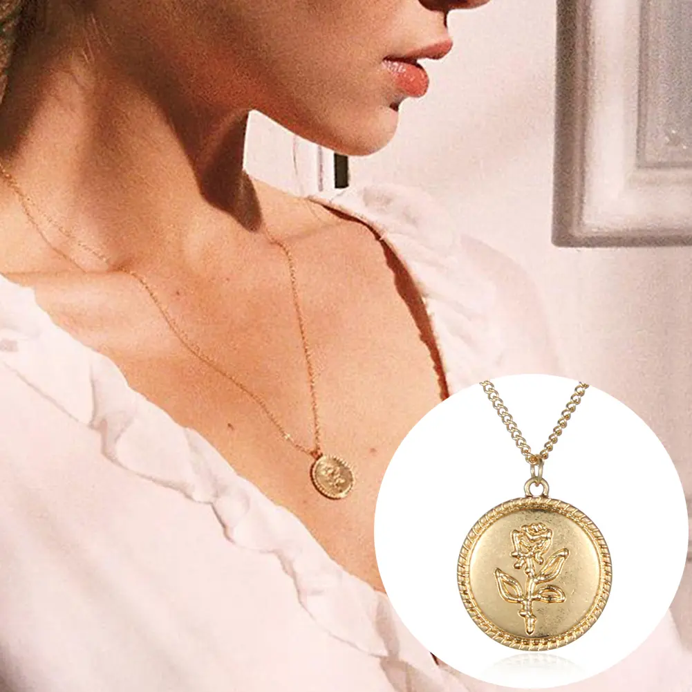 KA.B Vintage Round Pendant Rose Pattern Thin Chain Women Jewelry Charm Necklace Gift