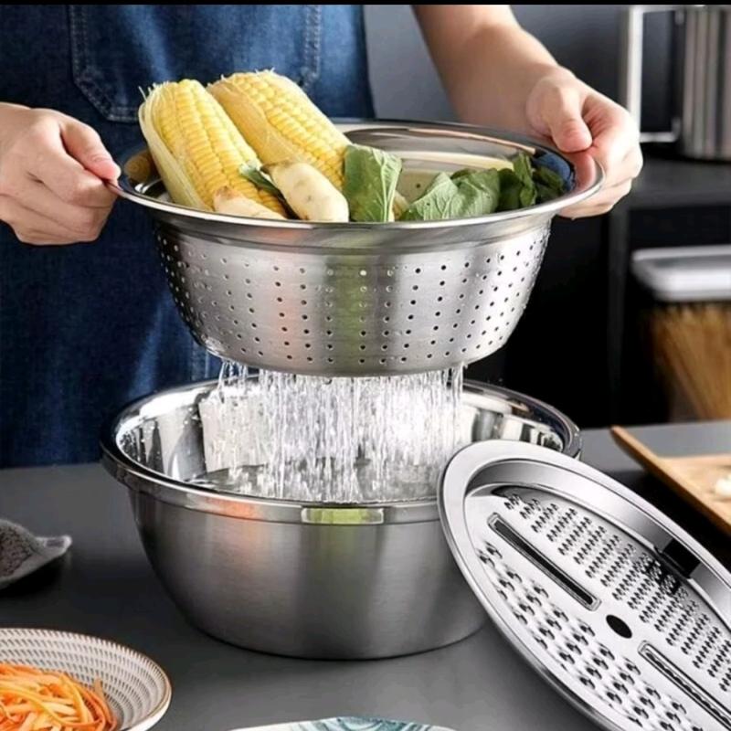 Baskom Parutan Stainles Serbaguna - Parutan Baskom 3in1 Stainless Steel 5
