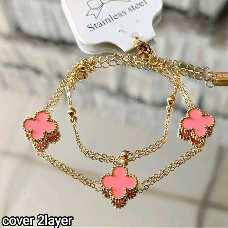 Gelang Tangan Rantai Gold Bunga Boba Titanium 2 Layer Anti Karat Wanita - Bracelets Aksesoris Elegan 5