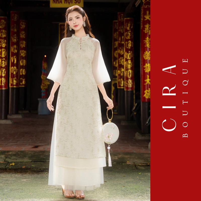 Cira Boutique Áo Dài Tơ Thêu Kim Tuyến Phối Nút Ngọc Kèm Chân Váy Lưới Dịu Dàng Thanh Lịch AD1485