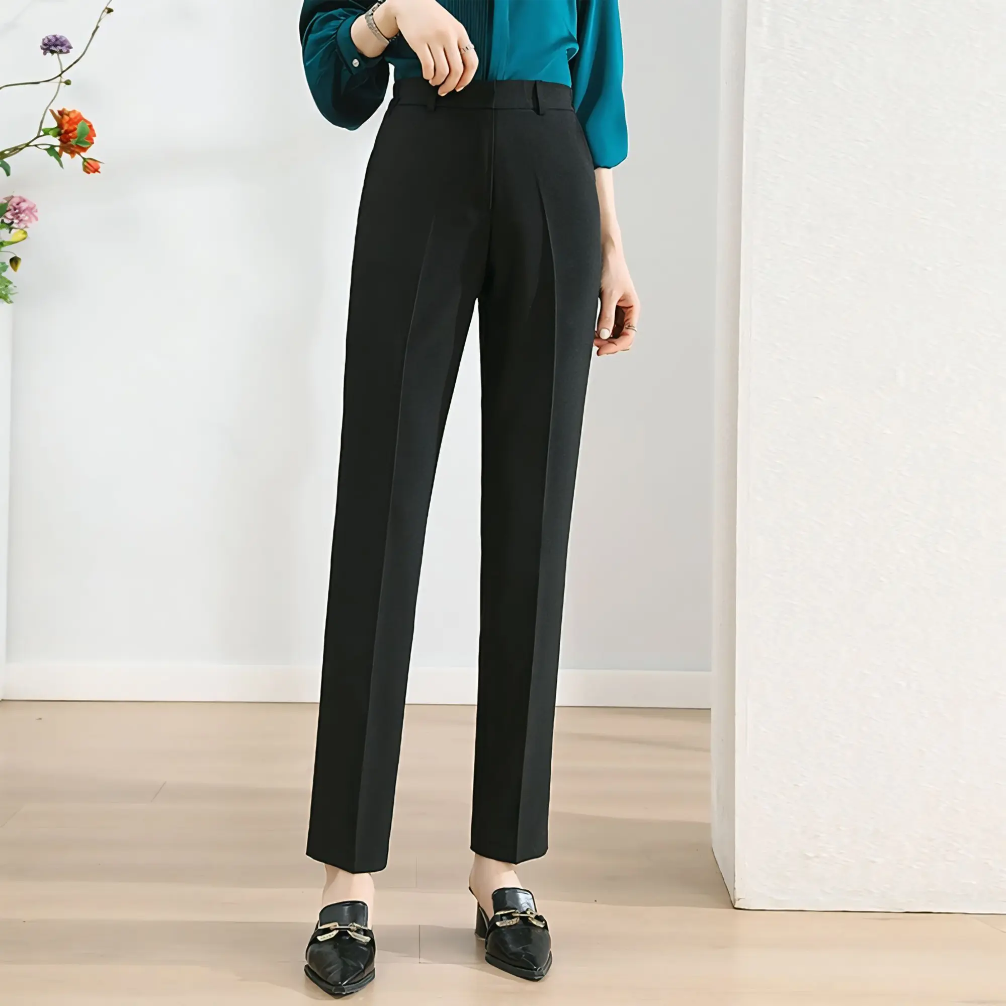 Celana Kerja Wanita Anti Kusut Bahan Adem Model Resleting Saku Kanan Kiri Panjang Hitam