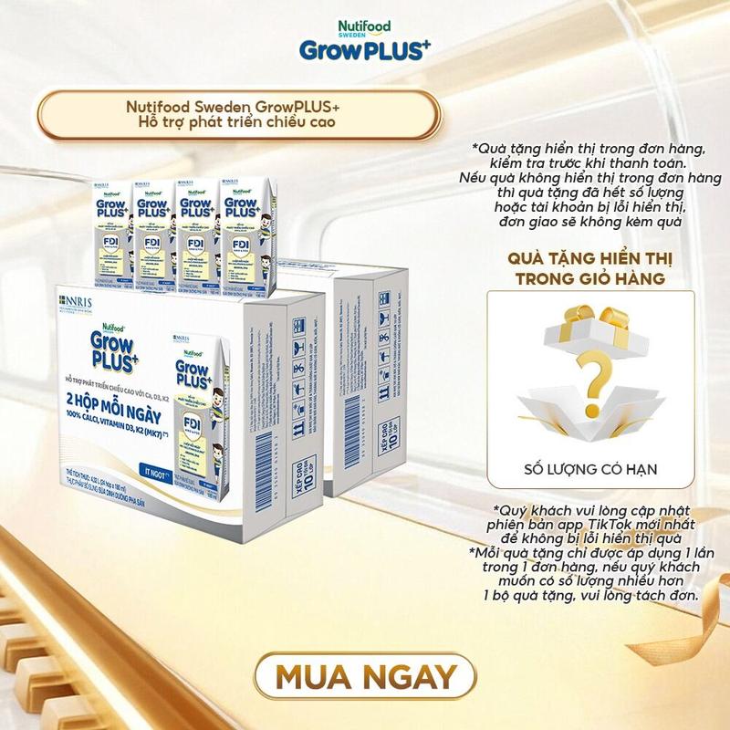  Thùng 48 hộp 180ml sữa bột Pha Sẵn Nutifood Sweden GrowPLUS+ Cao lớn vượt trội  2 x 4.32L - Link chính 