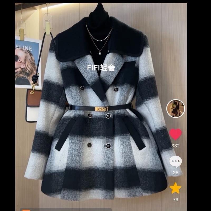  Áo khoác dạ lông tho mềm trần trám siêu dày kèm đai kẻ đen trắng hàng châu Top nữ 