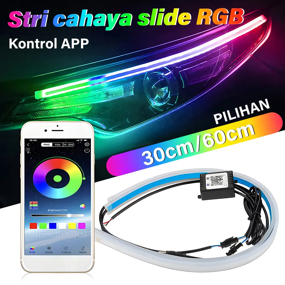 Lampu DRL LED RGB Strip 30/45/60cm - App Control Mobil Motor Universal - Lampu Senja & Sein Modifikasi