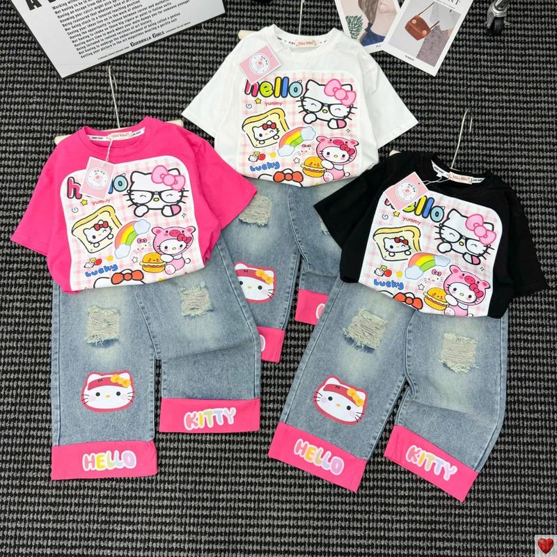 MinMinKid2 18-50kg dưới 1m55 Set áo thun cotton in hoạ tiết mèo đáng yêu phối quần JEAN RÁCH cá tính cho bé gái